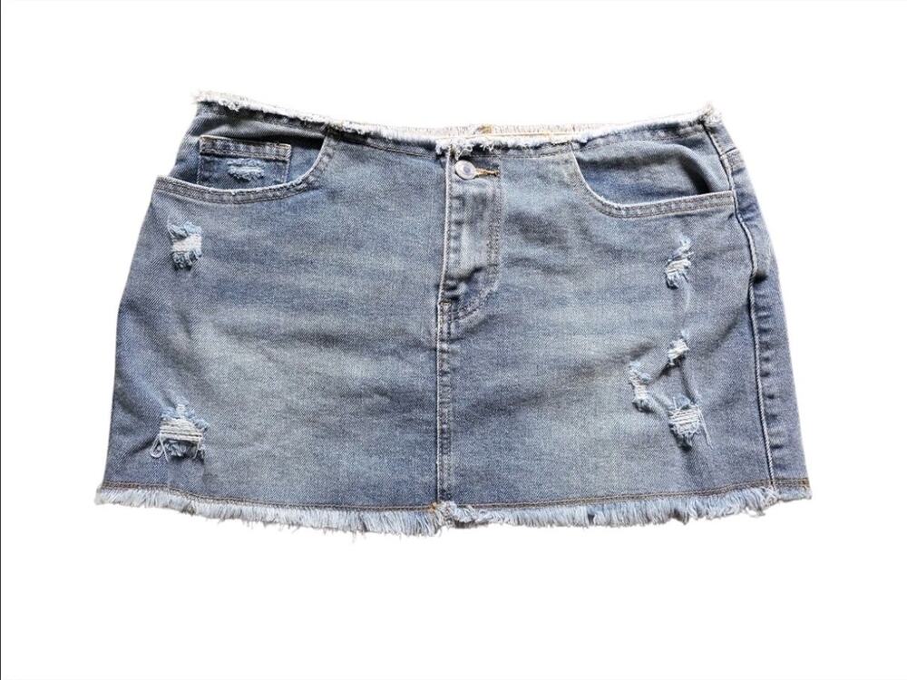 Project Rebel Denim Micro Mini Skirt M Distressed Raw Hem/Waist Y2K Grunge